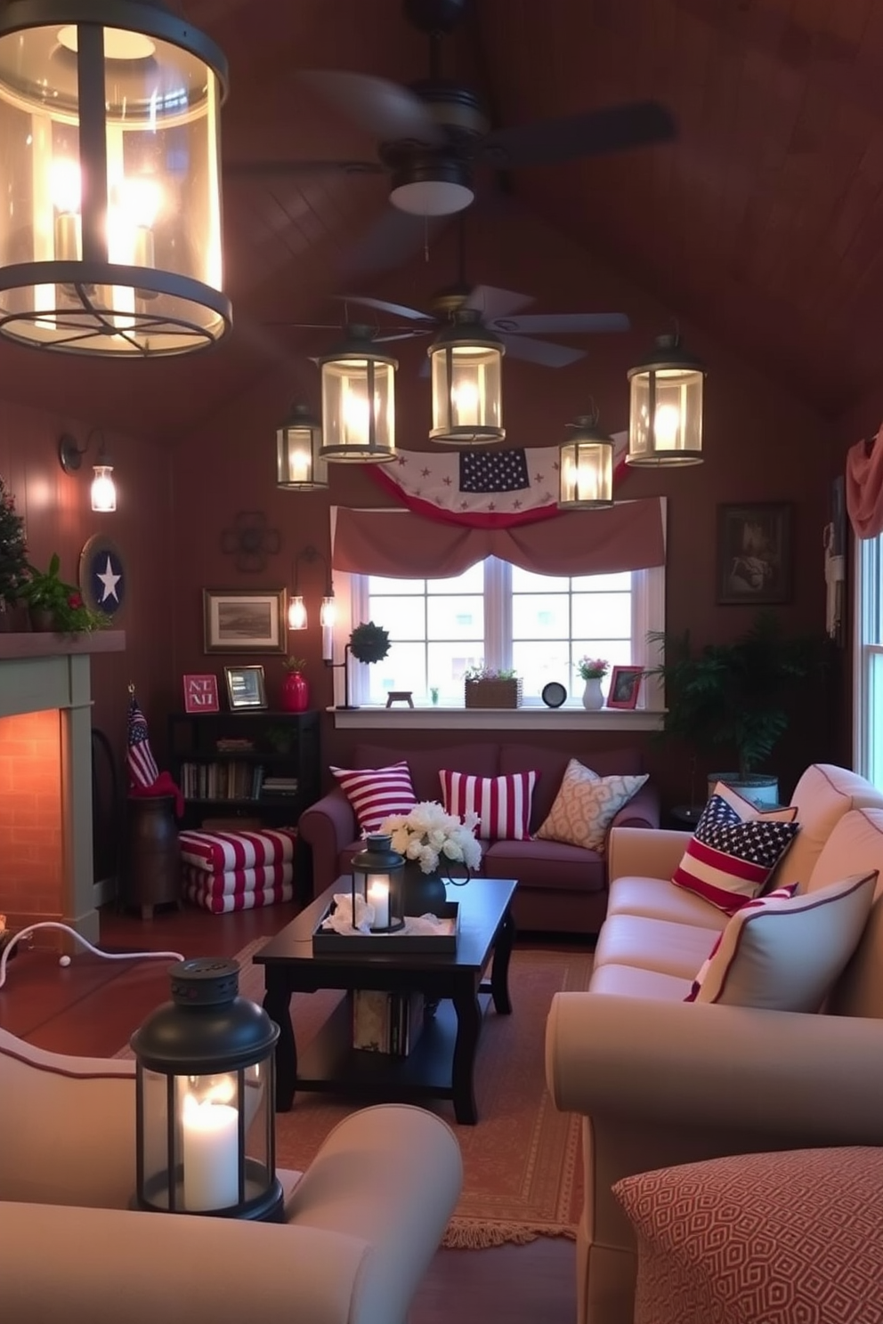 A cozy living room adorned with vintage lanterns casting a warm glow throughout the space. The room features a patriotic color scheme with red white and blue accents complemented by comfortable seating and festive decorations.