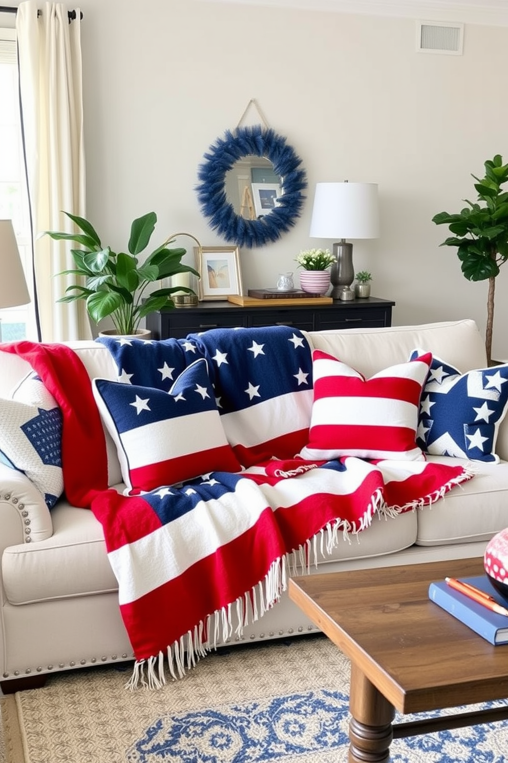 A cozy living room adorned with red white and blue throw blankets perfect for celebrating Independence Day. The blankets are draped over a plush sofa and paired with decorative pillows featuring stars and stripes for a festive touch.