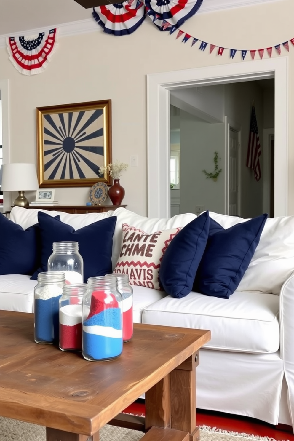 A vibrant living room setting inspired by Independence Day. Decorative jars filled with colored sand in red, white, and blue are arranged on a rustic wooden coffee table. The walls are adorned with patriotic artwork and bunting, creating a festive atmosphere. Plush navy blue cushions are scattered on a crisp white sofa, inviting relaxation and celebration.