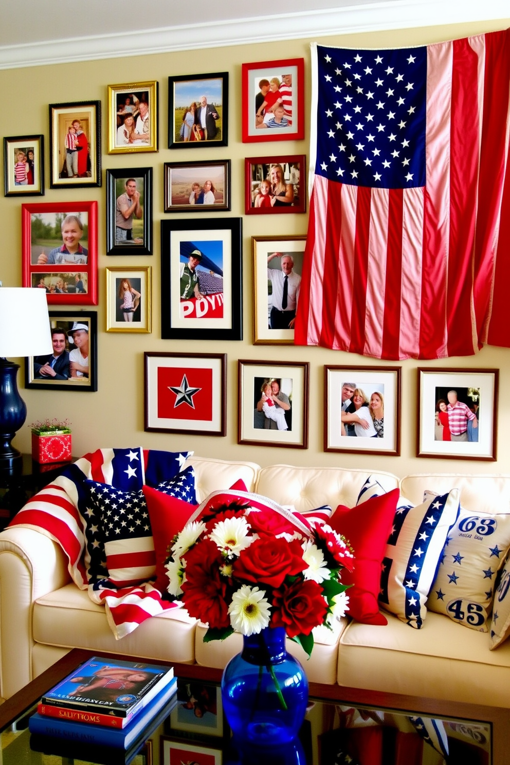 A vibrant Independence Day photo gallery wall showcases a collection of framed photographs featuring past celebrations and patriotic moments. The frames are arranged in a dynamic layout, with red, white, and blue accents complementing the theme. For the Independence Day living room decorating ideas, the space is adorned with festive throw pillows featuring stars and stripes. A large American flag drapes elegantly over the sofa, while red and white flowers in a blue vase add a cheerful touch to the coffee table.