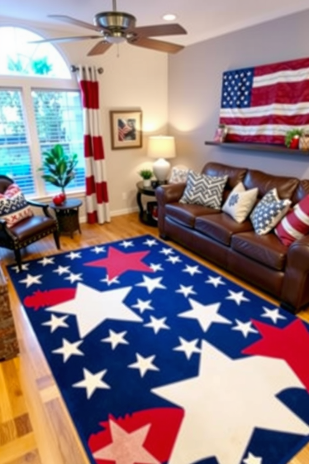 A patriotic living room featuring a stars and stripes area rug that adds a festive touch to the space. The room is decorated with red, white, and blue accents, including throw pillows and a flag-themed wall art piece.