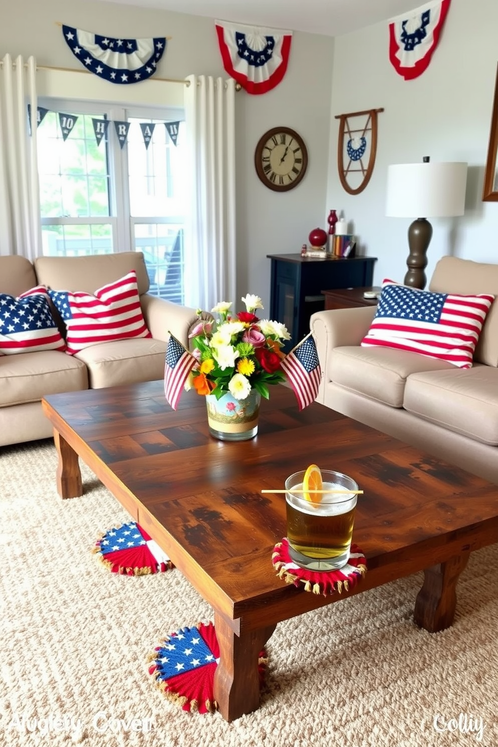 Create a set of patriotic themed coasters designed for drinks. The coasters feature a mix of red white and blue colors with stars and stripes motifs that celebrate Independence Day. Incorporate elements such as a rustic wooden coffee table and a cozy sofa adorned with American flag throw pillows. The living room is decorated with festive banners and a centerpiece that includes small flags and seasonal flowers.