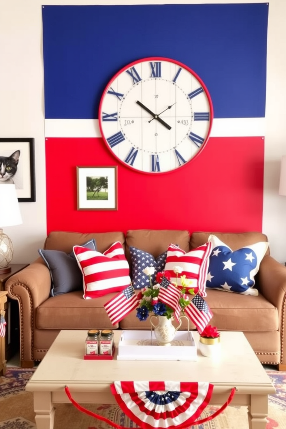 A vibrant living room adorned with a red white and blue wall clock that serves as a focal point. The space features a cozy sofa with patriotic throw pillows, and a coffee table decorated with festive accents for Independence Day.