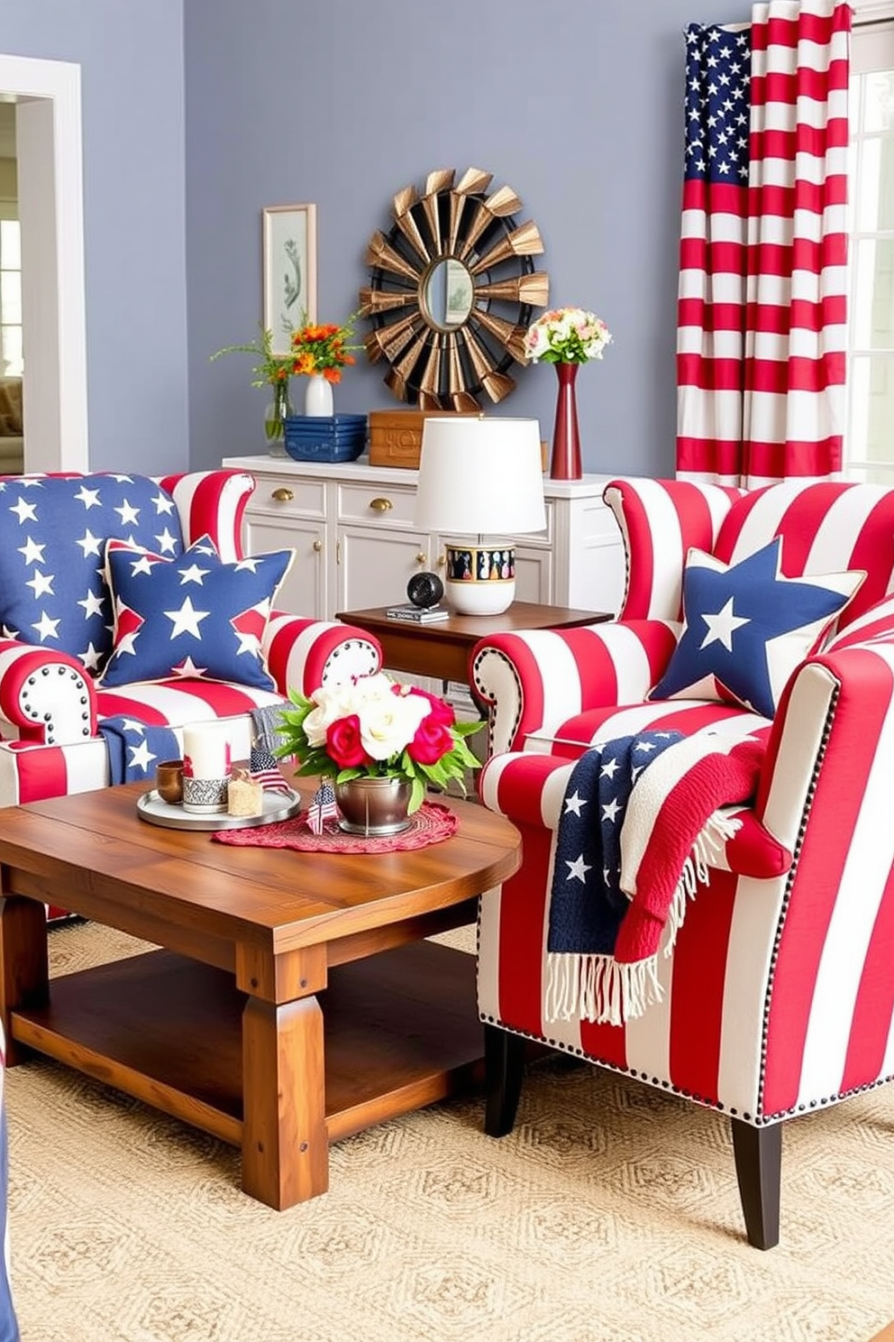 A vibrant living room setting featuring stars and stripes accent chairs that embody the spirit of Independence Day. The chairs are paired with a rustic wooden coffee table adorned with festive decorations and a red, white, and blue throw blanket draped over one arm.