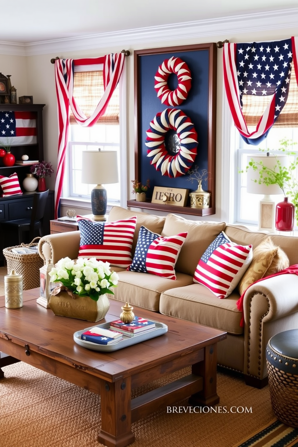 A vibrant living room adorned with American flag patterned cushions that celebrate Independence Day. The space features a cozy sofa with a mix of red, white, and blue accents, complemented by a rustic coffee table and festive decorations.