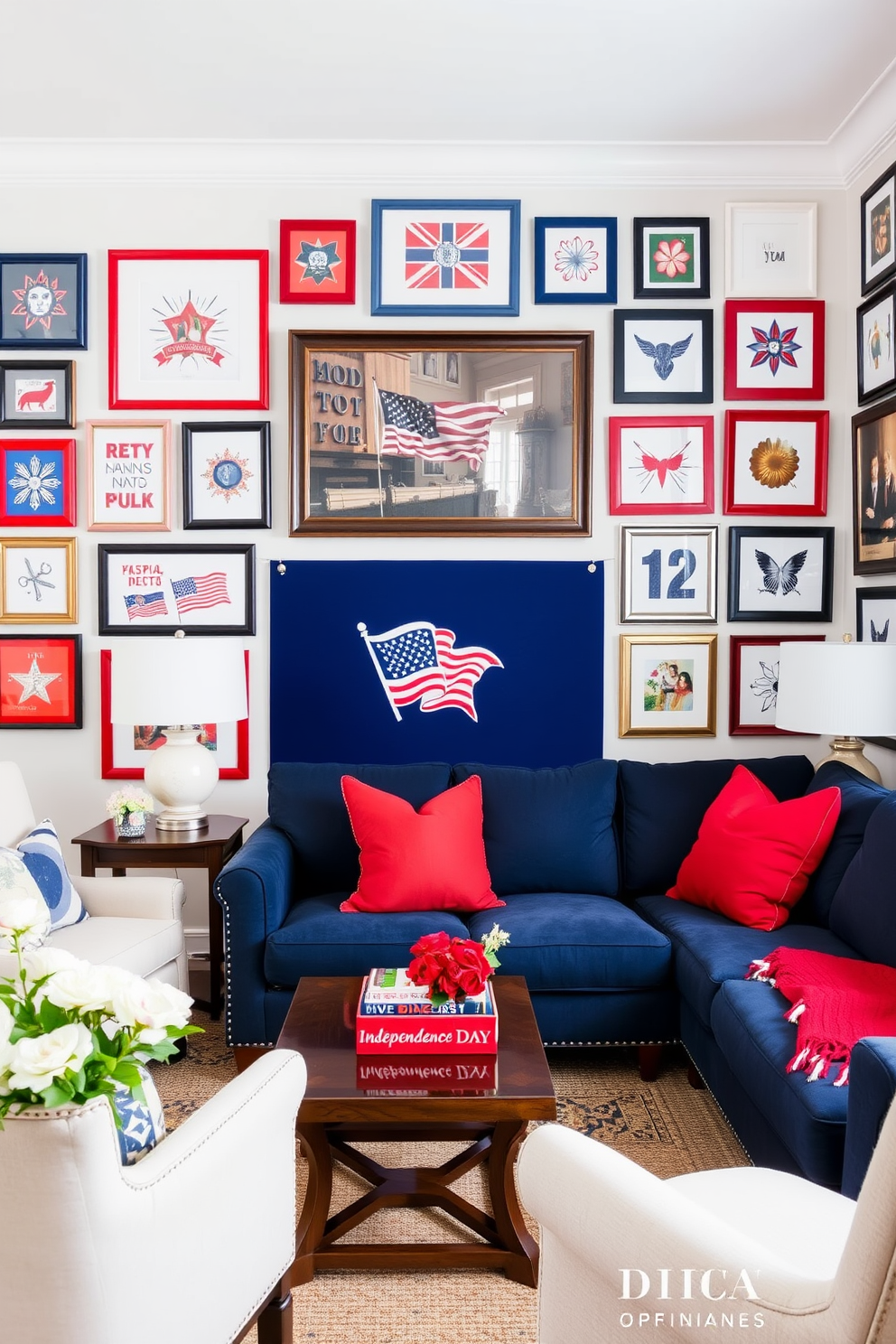 A vibrant living room adorned with an array of red white and blue artwork celebrating Independence Day. The walls showcase a collection of framed pieces that embody the spirit of patriotism, complemented by a cozy seating area featuring a navy blue sofa and red accent pillows.