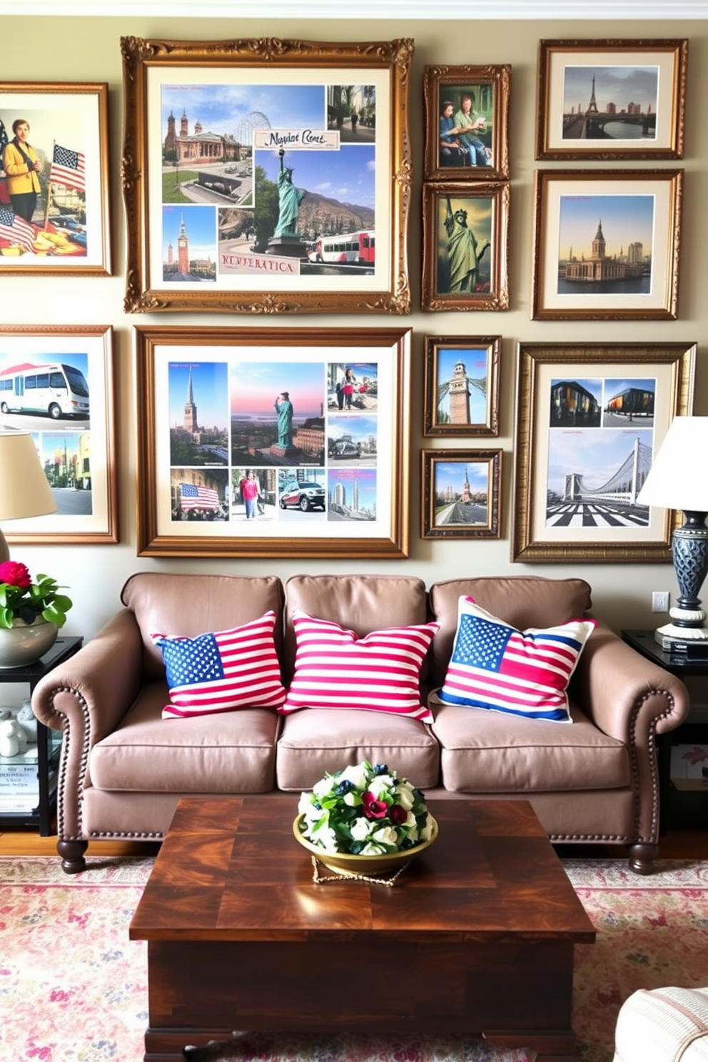 A cozy living room adorned with vintage postcards displayed in elegant frames. The postcards capture various iconic American landmarks and celebrations, adding a nostalgic touch to the decor. The color palette features rich reds, whites, and blues to celebrate Independence Day. A comfortable sofa with patriotic-themed cushions sits in front of a rustic coffee table, creating an inviting atmosphere for gatherings.