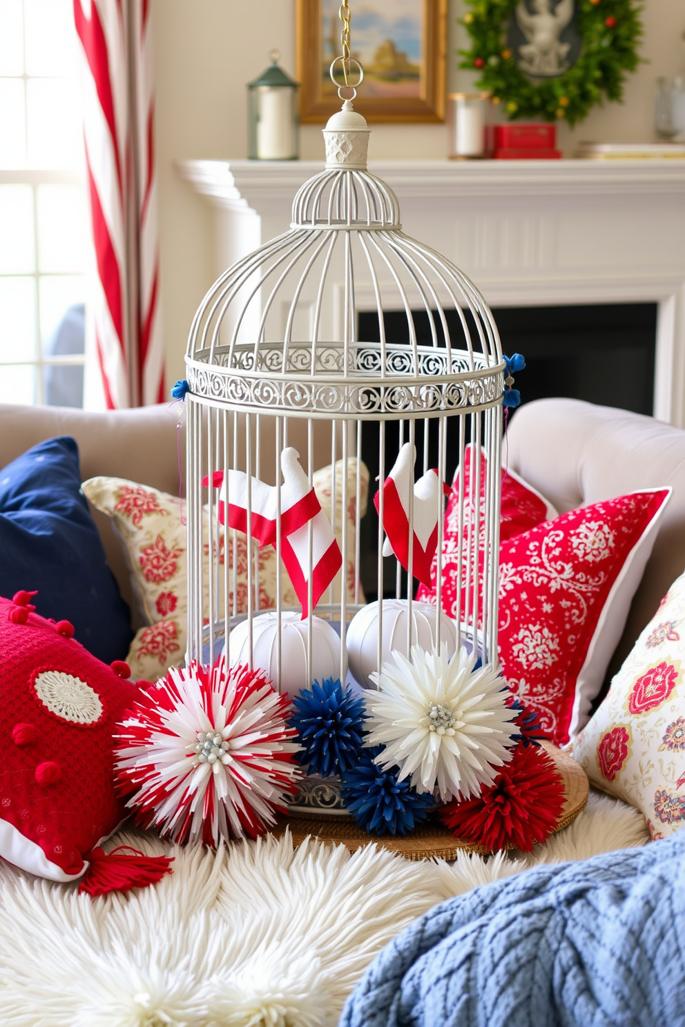 A decorative birdcage is placed in the center of the living room, showcasing vibrant red, white, and blue colors that celebrate Independence Day. Surrounding the birdcage are plush cushions and throw blankets in coordinating shades, creating a festive and inviting atmosphere.