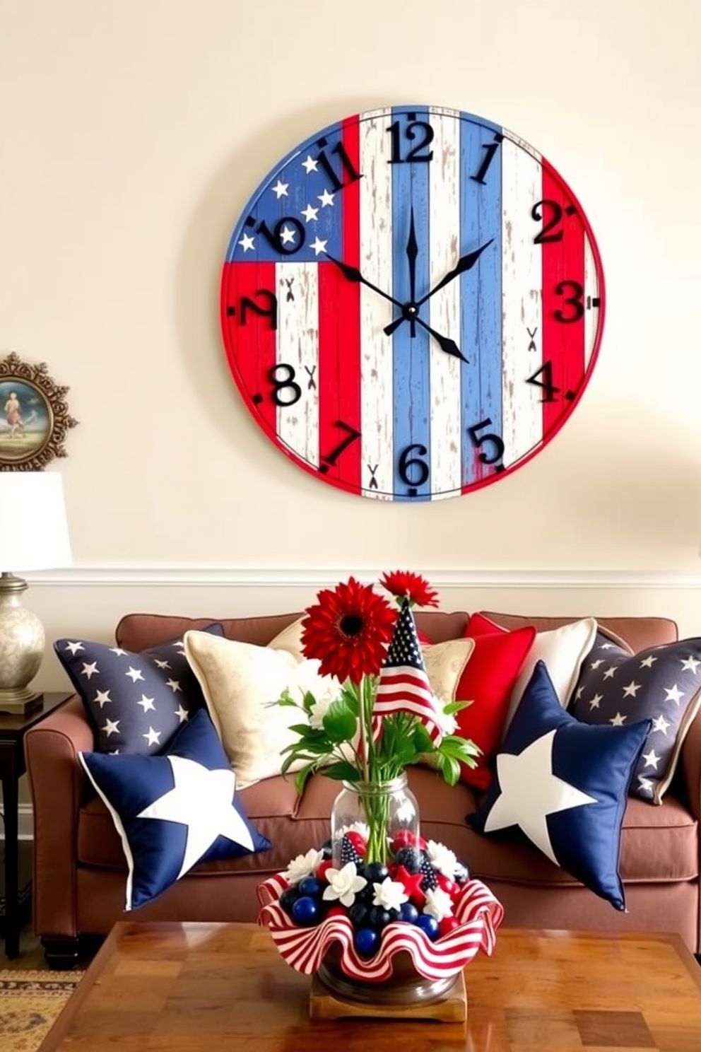 A vibrant living room decorated for the Fourth of July features a large wall clock designed with red white and blue colors. The clock is adorned with stars and stripes and is positioned above a cozy seating area with patriotic throw pillows and a festive table centerpiece.