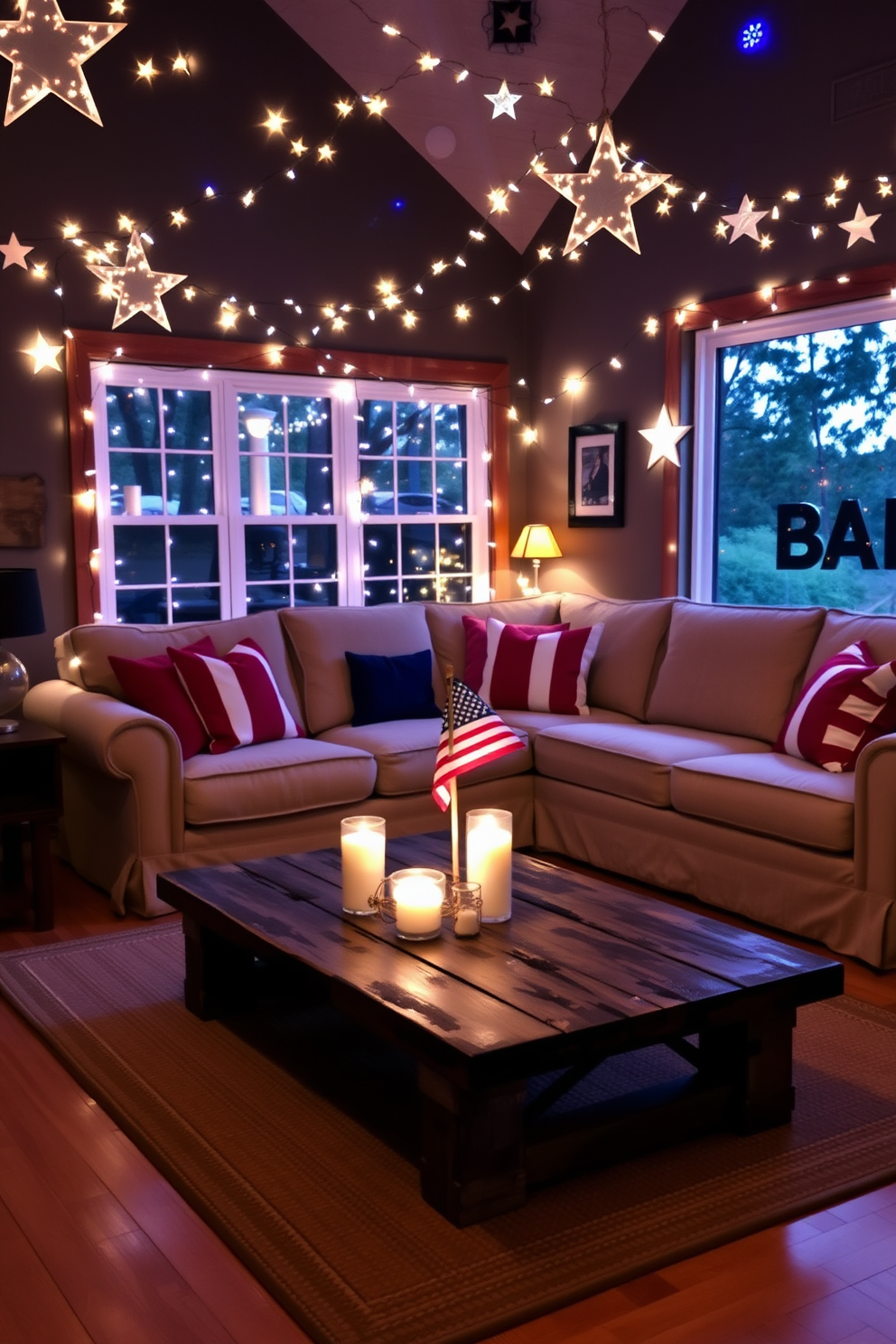 A cozy living room adorned with star shaped fairy lights creating a warm ambiance. The lights are draped across the ceiling and around the windows, enhancing the festive spirit of Independence Day. The room features a comfortable sectional sofa with red, white, and blue throw pillows. A rustic coffee table sits in the center, decorated with candles and a small flag, inviting friends and family to gather and celebrate.