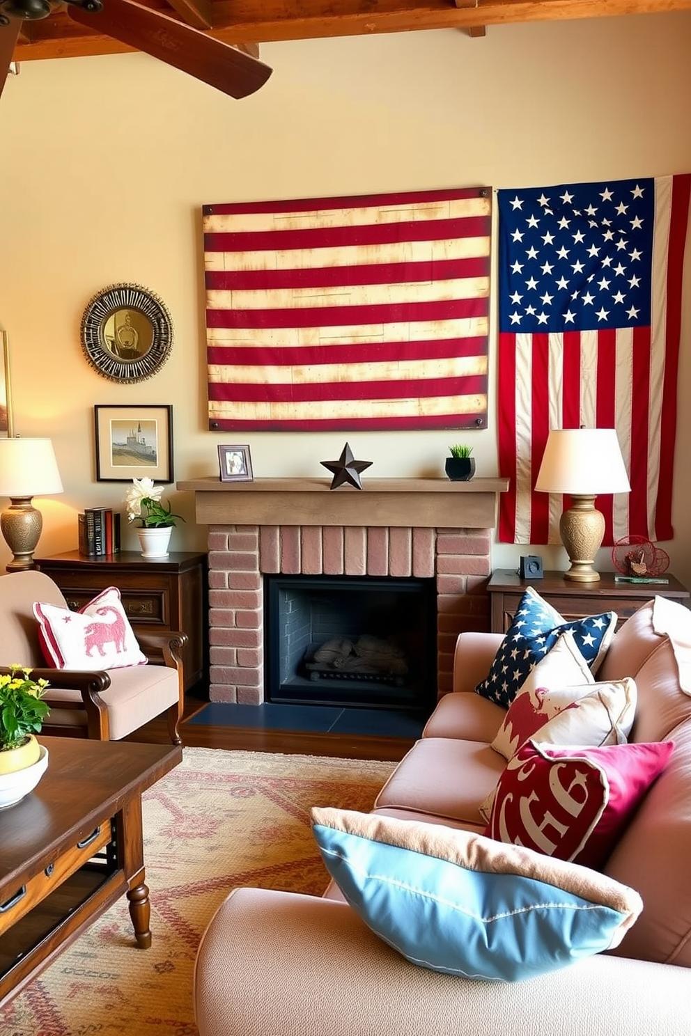 A cozy living room adorned with vintage American flag wall art that captures the spirit of Independence Day. The space features a warm color palette with rustic wooden furniture, plush sofas, and decorative throw pillows that celebrate the holiday.