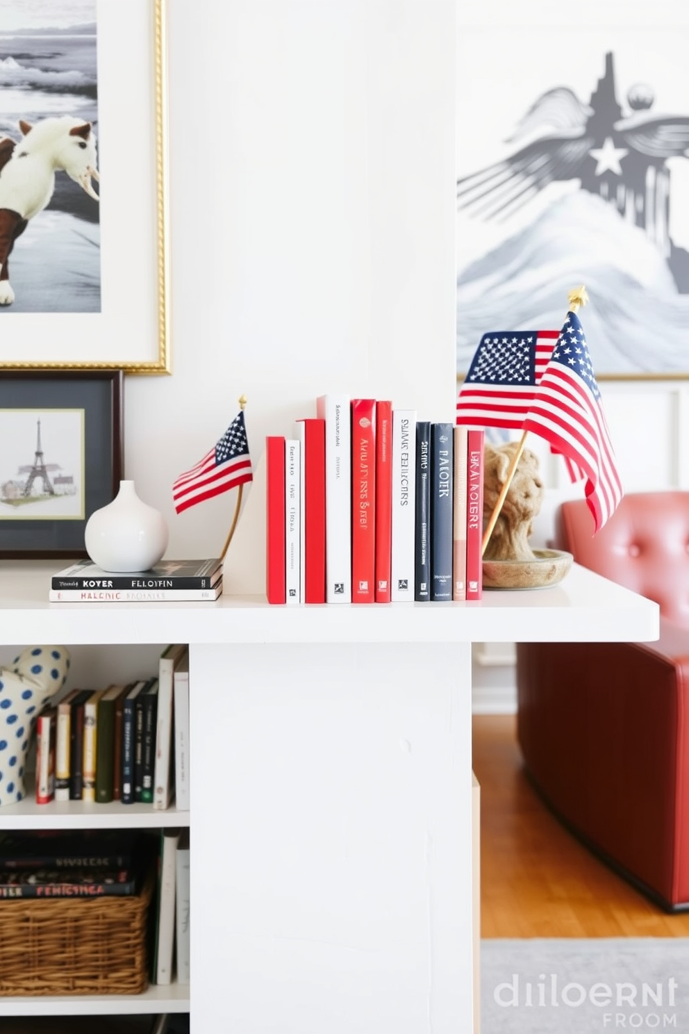 Red white and blue themed bookends are positioned on a sleek white shelf in a cozy living room. The shelf is adorned with various books and a small American flag, creating a festive atmosphere for Independence Day celebrations.