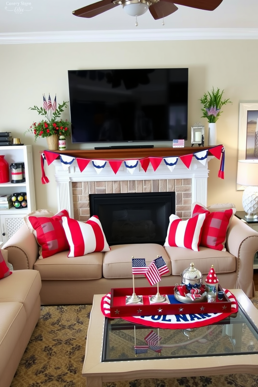 A festive living room setting adorned with colorful bunting draped along the mantel. The room features a cozy sofa with red, white, and blue cushions, and a coffee table decorated with patriotic-themed accents.