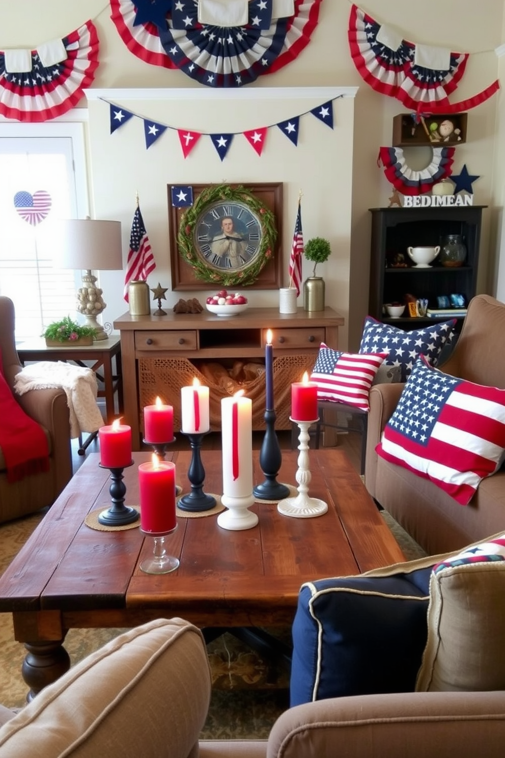 A festive living room setting celebrating Independence Day. There are red white and blue candles arranged on a rustic wooden coffee table surrounded by cozy seating. The walls are adorned with patriotic decorations including flags and bunting. A large American flag pillow is placed on the sofa adding to the festive atmosphere.