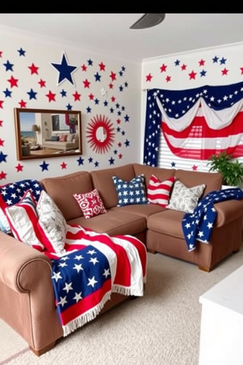 A festive living room adorned with Fourth of July themed wall decals. The walls are decorated with stars and stripes in red white and blue, creating a vibrant patriotic atmosphere. A cozy seating area features a large sectional sofa draped with a flag-patterned throw blanket. Decorative pillows in coordinating colors add a touch of comfort and style to the space.