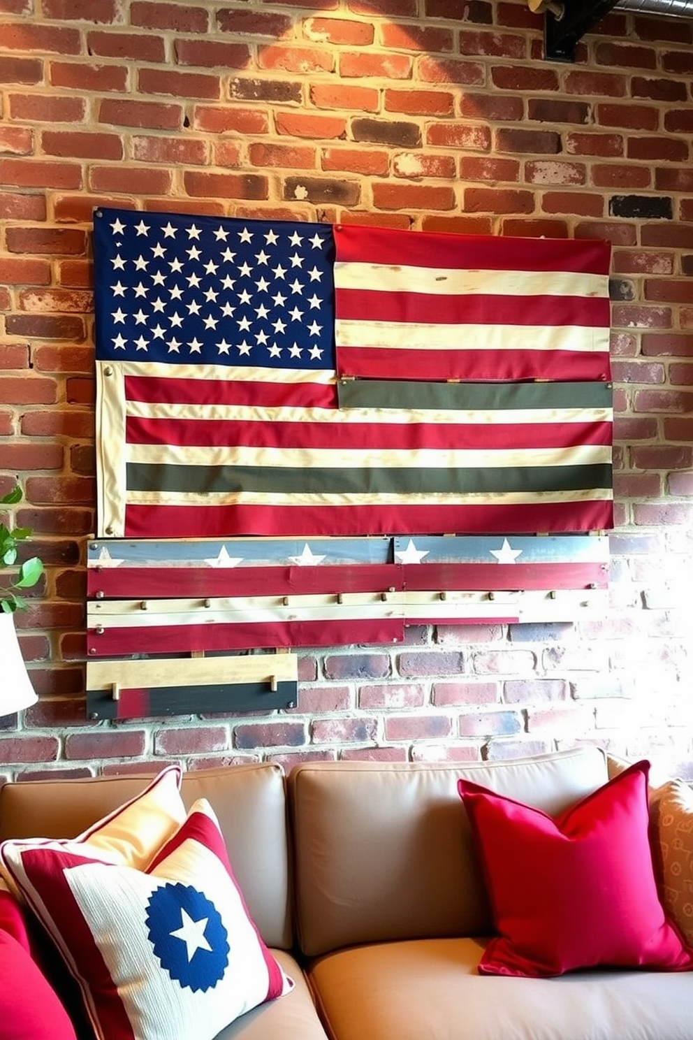 A vintage flag wall art display features an array of antique flags arranged in a creative collage. The backdrop is a rustic brick wall that enhances the patriotic theme, while soft ambient lighting highlights the textures of the flags. Incorporating Independence Day loft decorating ideas, the space is adorned with red, white, and blue accents. Cozy seating areas with throw pillows in festive colors invite relaxation and celebration.