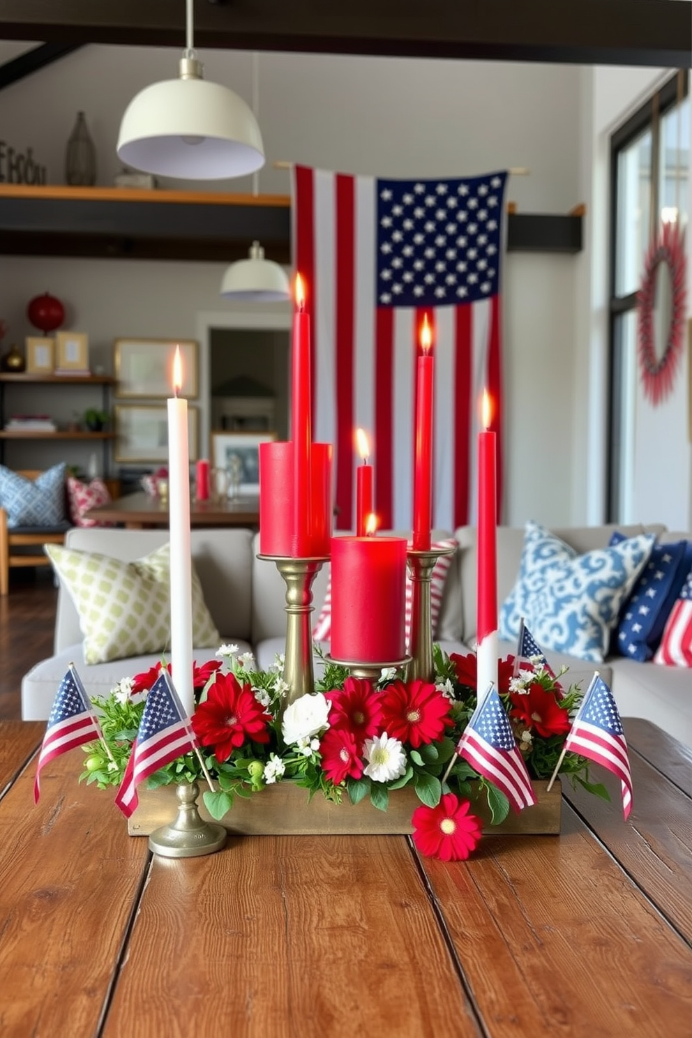 Create a festive Fourth of July candle arrangement featuring red white and blue candles of varying heights placed on a rustic wooden table. Surround the candles with small American flags and fresh flowers in patriotic colors to enhance the celebratory atmosphere. Design a loft space that embodies Independence Day spirit with vibrant decorations and cozy seating. Incorporate elements like patterned throw pillows and a large American flag as a focal point to create a warm and inviting ambiance.