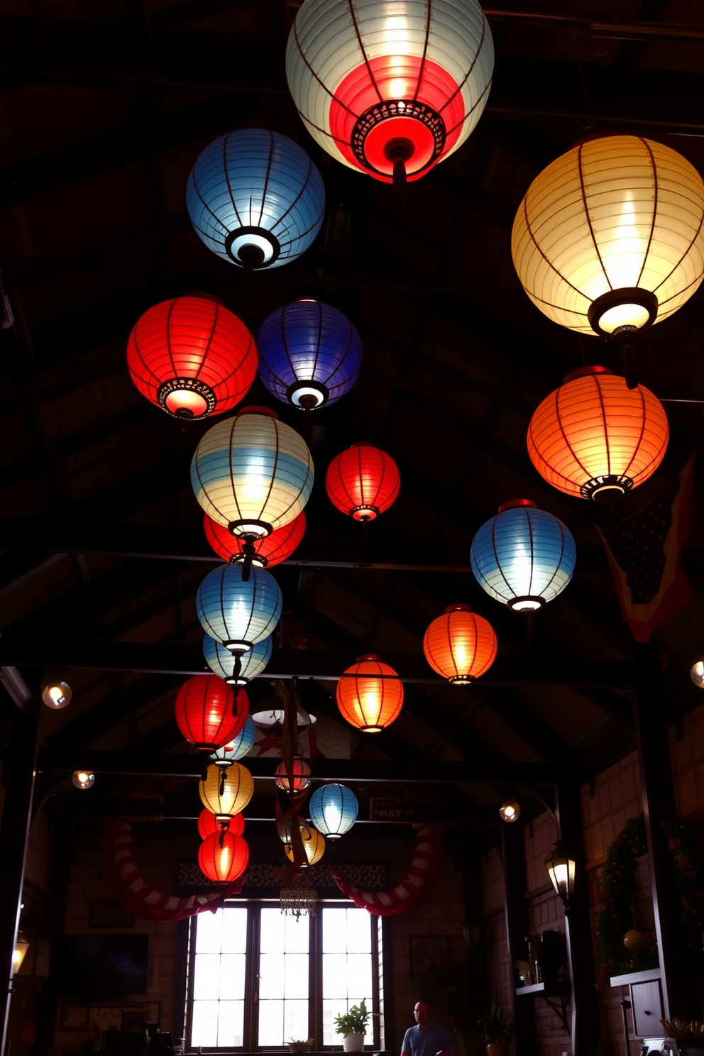 A vibrant loft space adorned with colorful lanterns casting a warm glow in the evening. The decor features red, white, and blue accents, creating a festive atmosphere for Independence Day celebrations.