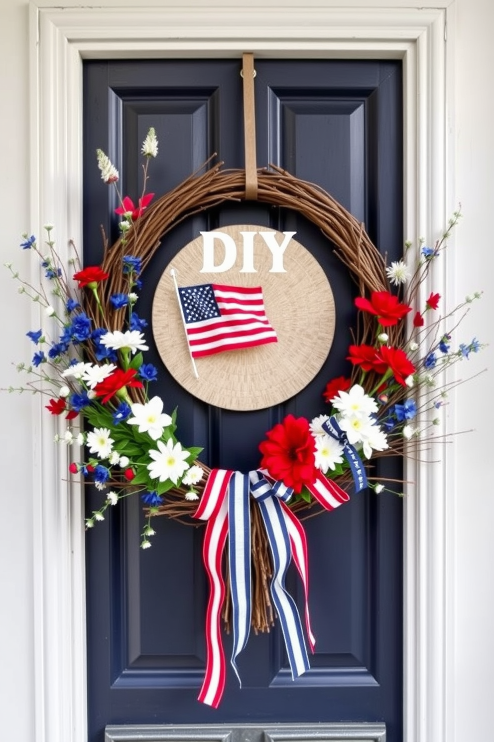 A DIY patriotic wreath for the door features a base of natural twigs adorned with red white and blue flowers. Stars and stripes ribbons are woven throughout creating a festive and welcoming entrance for Independence Day. Loft decorating ideas include using bold colors and eclectic furniture to create a vibrant atmosphere. Incorporate vintage pieces and modern accents to achieve a unique blend that reflects personal style.