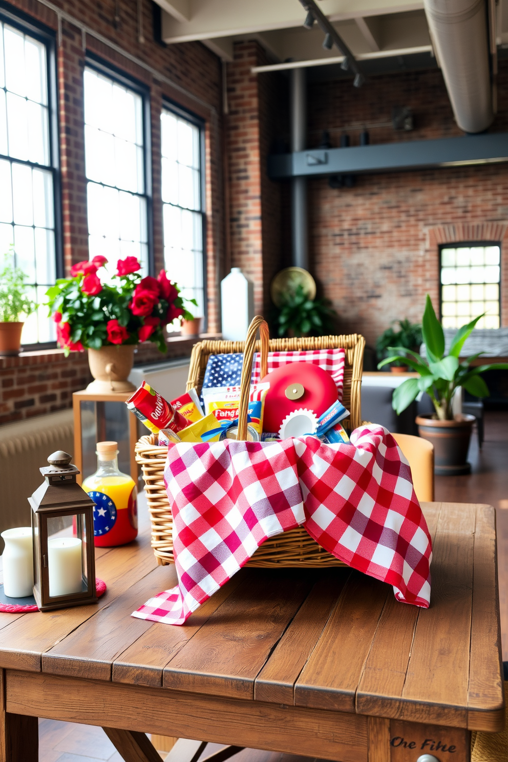 A vintage picnic basket is placed on a rustic wooden table, surrounded by vibrant red, white, and blue accents. The setting features a cozy loft with exposed brick walls and large windows, allowing natural light to fill the space. The picnic basket is filled with classic American snacks and draped with a cheerful checkered blanket. Nearby, decorative lanterns and potted plants enhance the festive atmosphere, creating a welcoming Independence Day celebration.