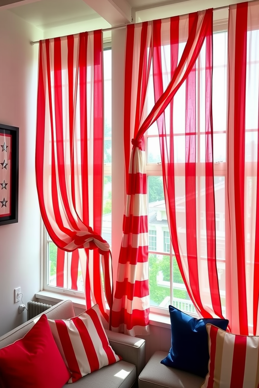 A vibrant loft space adorned with red and white striped curtains that billow gently in the breeze. The curtains frame large windows, allowing natural light to flood the room and create a festive atmosphere for Independence Day celebrations. The walls are decorated with patriotic artwork, featuring stars and stripes that complement the curtain design. Cozy seating areas with plush cushions in red, white, and blue invite guests to relax and enjoy the holiday spirit.