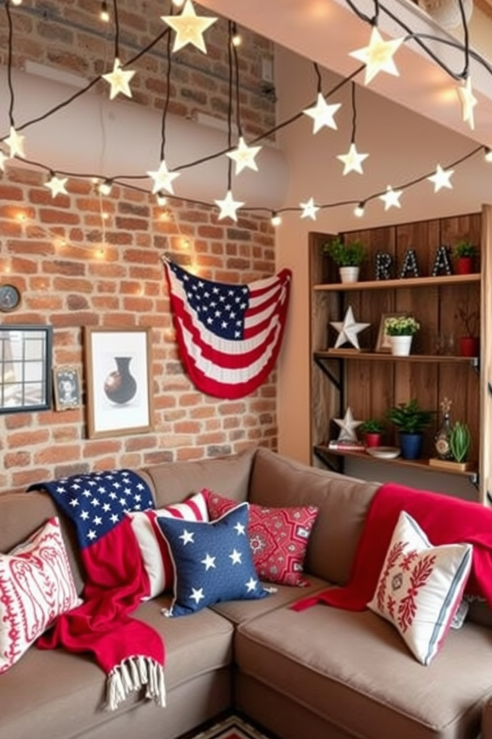 Create a cozy loft space decorated for Independence Day. String star-shaped fairy lights across the ceiling to add warmth and a festive ambiance. Incorporate red white and blue accents through throw pillows and blankets on a comfortable sofa. Use rustic wooden shelves to display patriotic decorations and small potted plants.