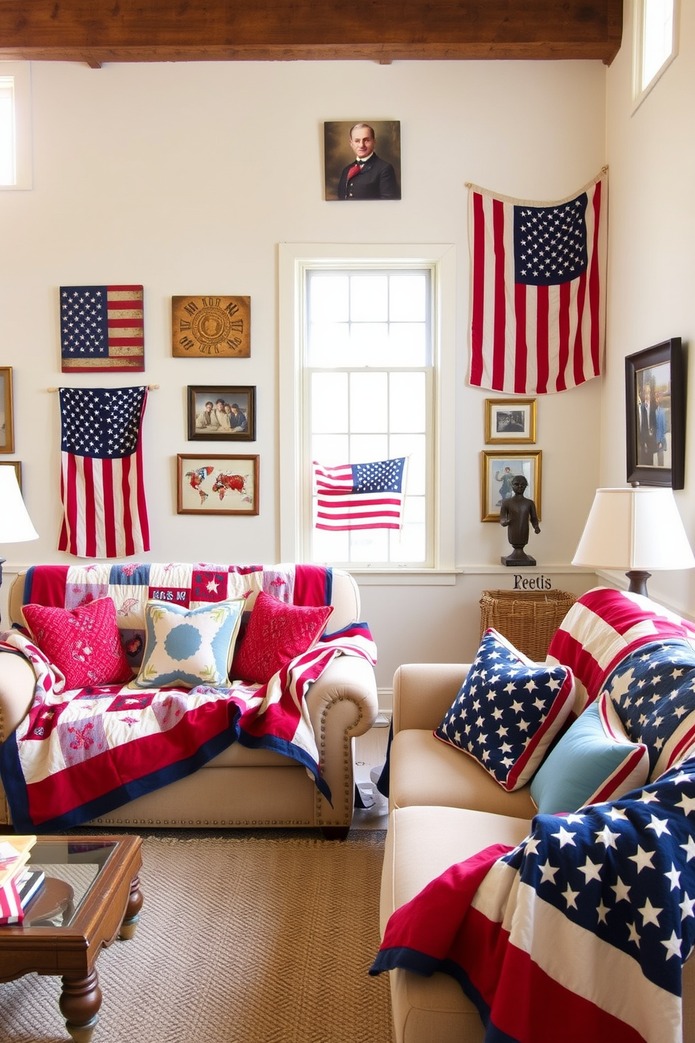 A cozy loft living area adorned with patriotic quilts draped over plush sofas. The quilts feature vibrant red, white, and blue patterns, creating a festive atmosphere for Independence Day celebrations. Decorative throw pillows in complementary colors add comfort and style to the seating. The walls are adorned with vintage American flags and framed photographs, enhancing the patriotic theme.