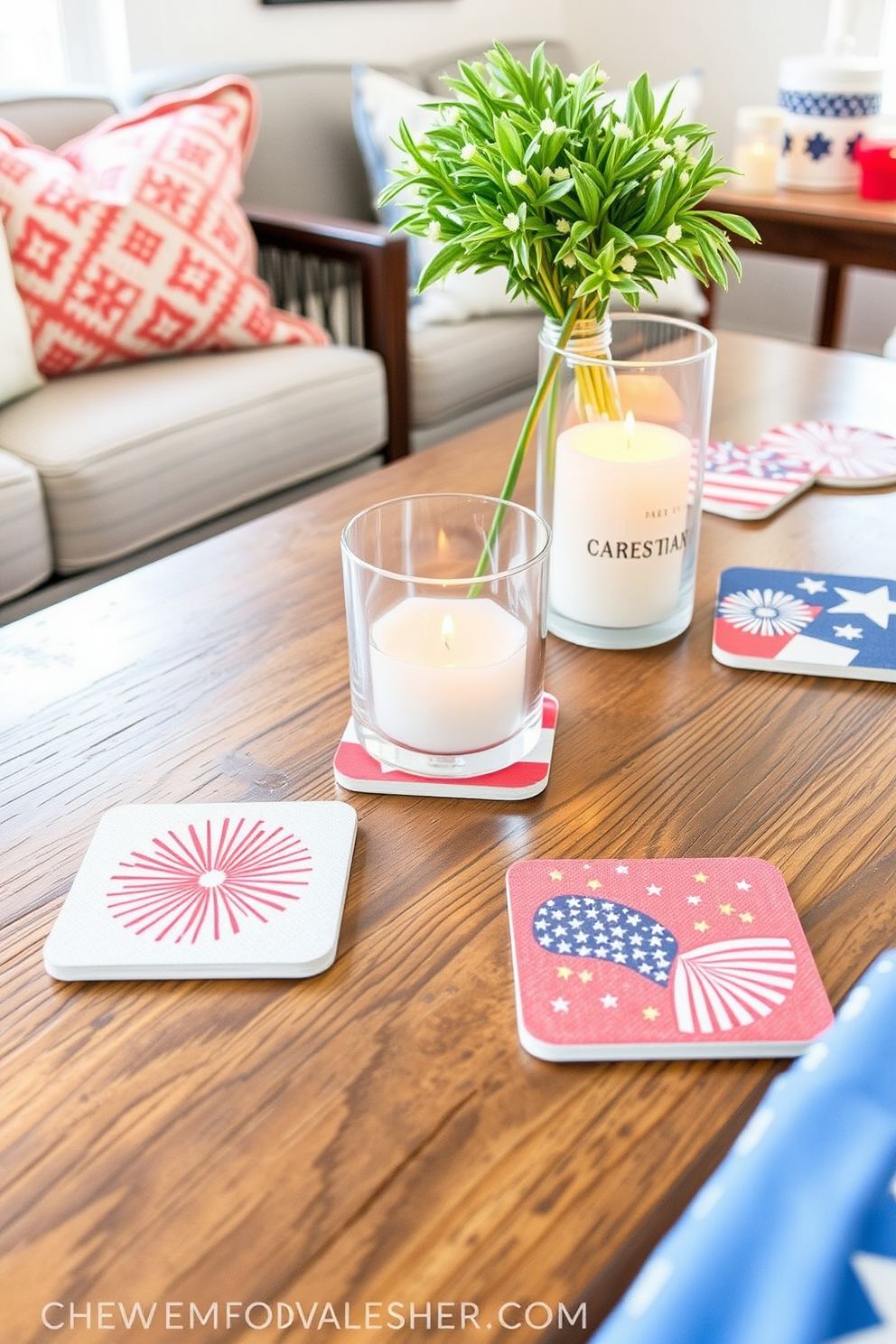 Themed coasters for entertaining guests featuring a vibrant red white and blue color palette. Each coaster displays iconic symbols of Independence Day such as stars and stripes along with festive fireworks. Independence Day loft decorating ideas that create a welcoming and festive atmosphere. Incorporate patriotic accents through throw pillows and table centerpieces while using string lights to enhance the celebratory vibe.