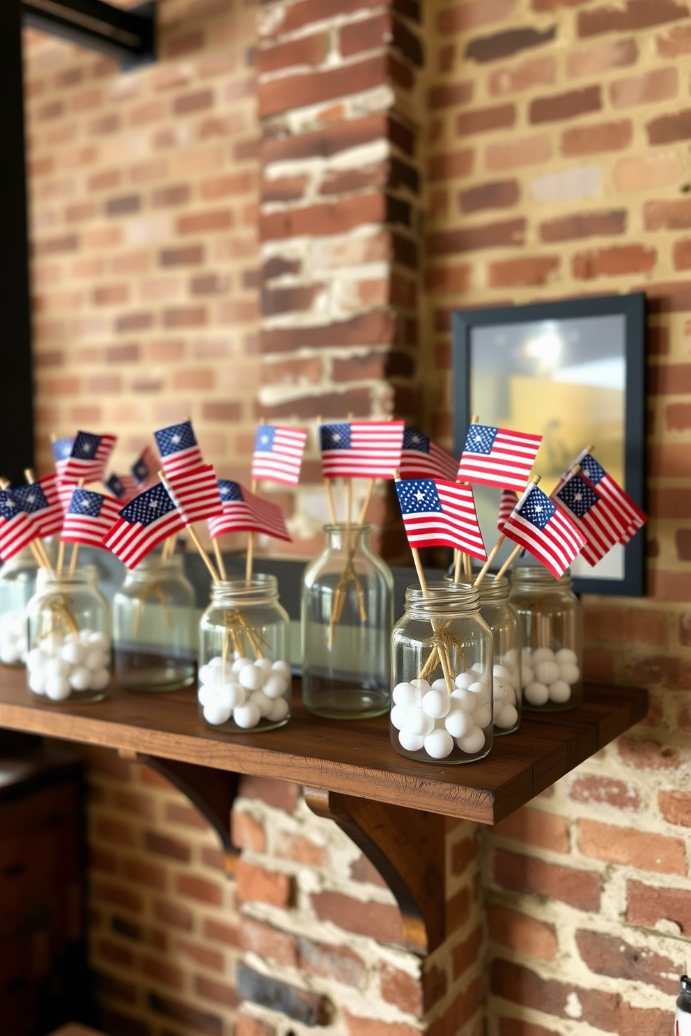 A cozy loft space adorned with decorative jars filled with miniature flags celebrating Independence Day. The jars are arranged on a rustic wooden shelf, complemented by a backdrop of exposed brick walls and soft, warm lighting.