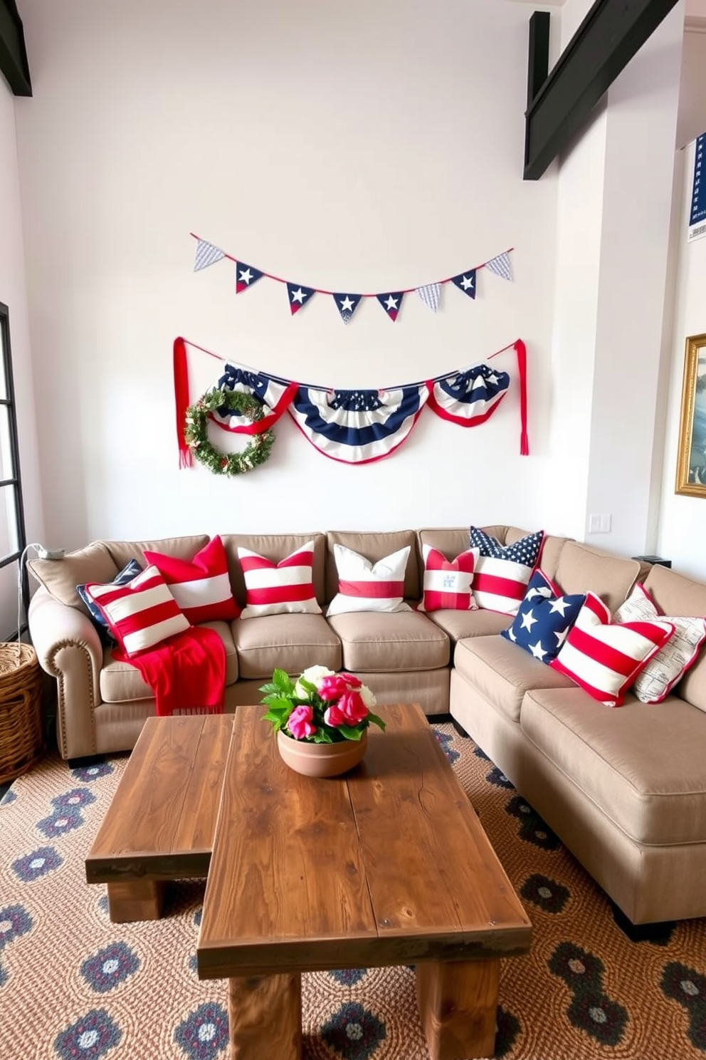 Create a cozy loft space decorated for Independence Day. The focal point is a large sectional sofa adorned with red white and blue throw pillows, complemented by a rustic coffee table made of reclaimed wood. The walls are painted in a soft white, allowing the vibrant colors of the pillows to pop. A festive banner with stars and stripes hangs above the sofa, adding to the celebratory atmosphere.