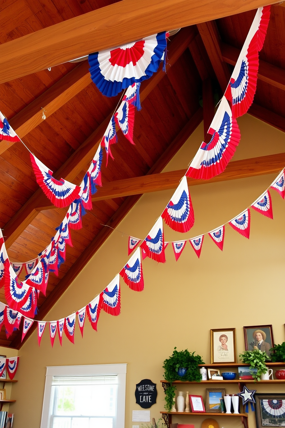 A cozy loft adorned with festive banners celebrating Independence Day. The beams are draped with red, white, and blue decorations, creating a vibrant and patriotic atmosphere.