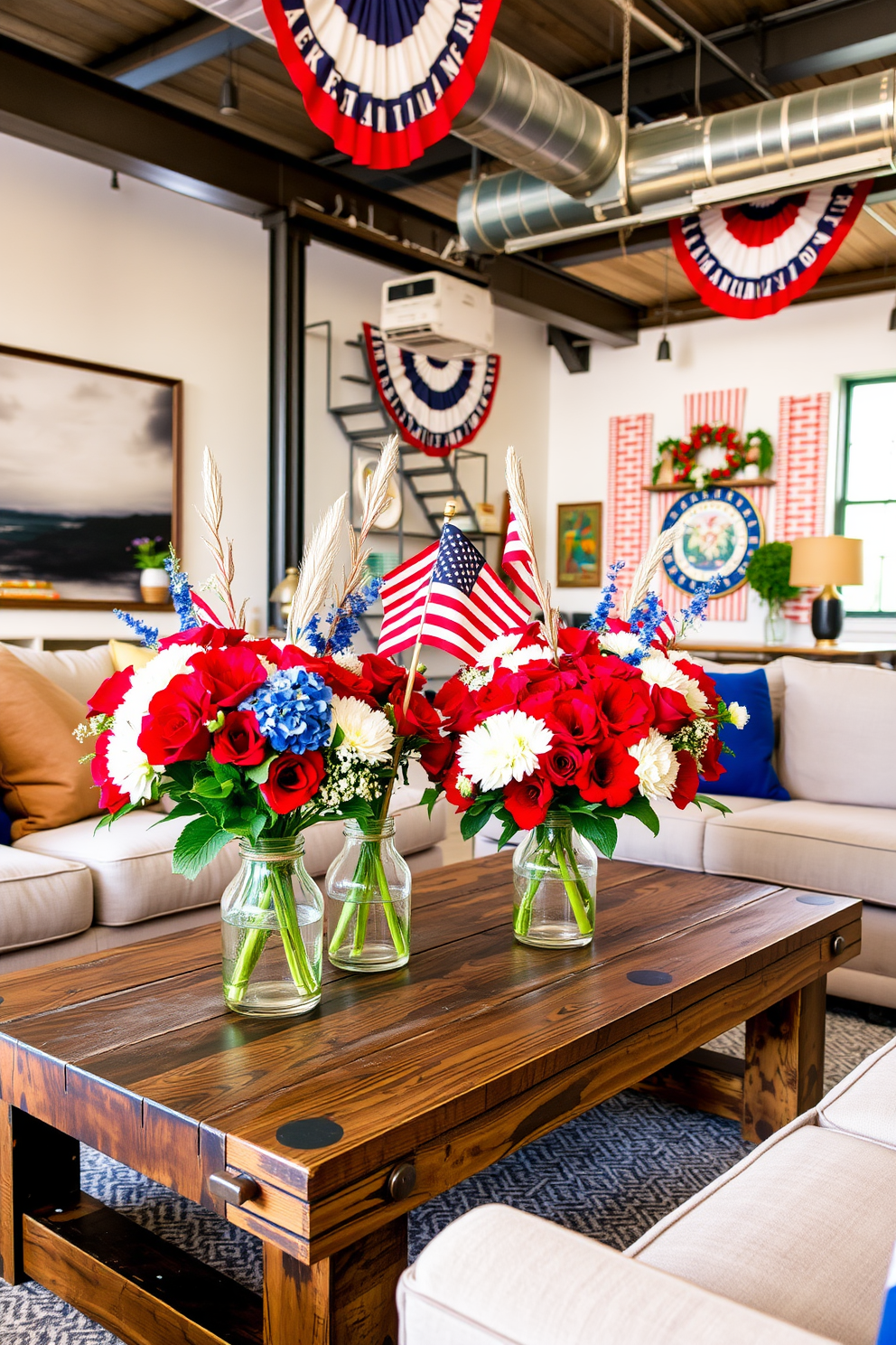 A vibrant loft space adorned with red white and blue floral arrangements celebrating Independence Day. The arrangements are placed in rustic vases on a reclaimed wood coffee table, surrounded by comfortable seating in neutral tones.