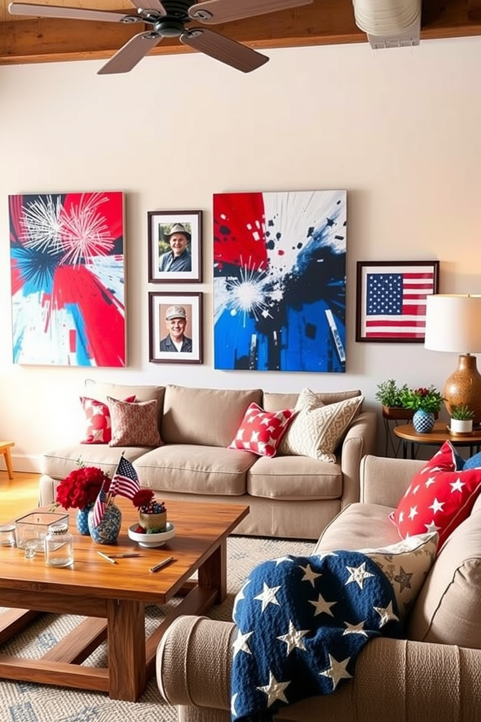 A vibrant living room adorned with Independence Day themed art prints. The walls feature a large canvas showcasing a bold red, white, and blue abstract design, while smaller framed prints of fireworks and the American flag are arranged in a gallery style. A cozy loft space decorated for Independence Day with festive elements. The room includes a rustic wooden coffee table topped with patriotic decorations, and a plush sofa draped with a star-patterned throw blanket, enhancing the celebratory atmosphere.