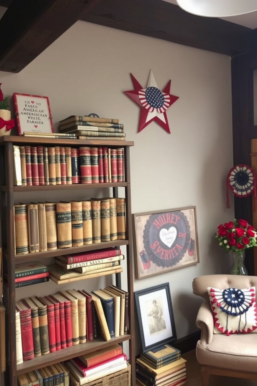 A cozy loft space adorned with vintage Americana books neatly arranged on rustic wooden shelves. The decor features red white and blue accents celebrating Independence Day creating a warm and inviting atmosphere.