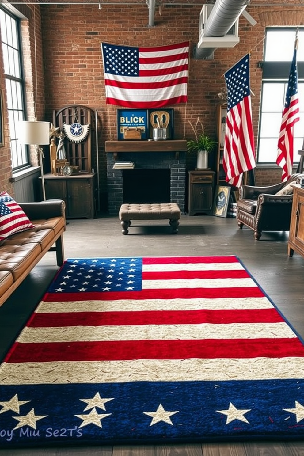 A patriotic themed area rug features bold red white and blue colors with stars and stripes that evoke the spirit of Independence Day. The rug is placed in a stylish loft decorated with vintage American flags and rustic wooden furniture to create a warm inviting atmosphere.