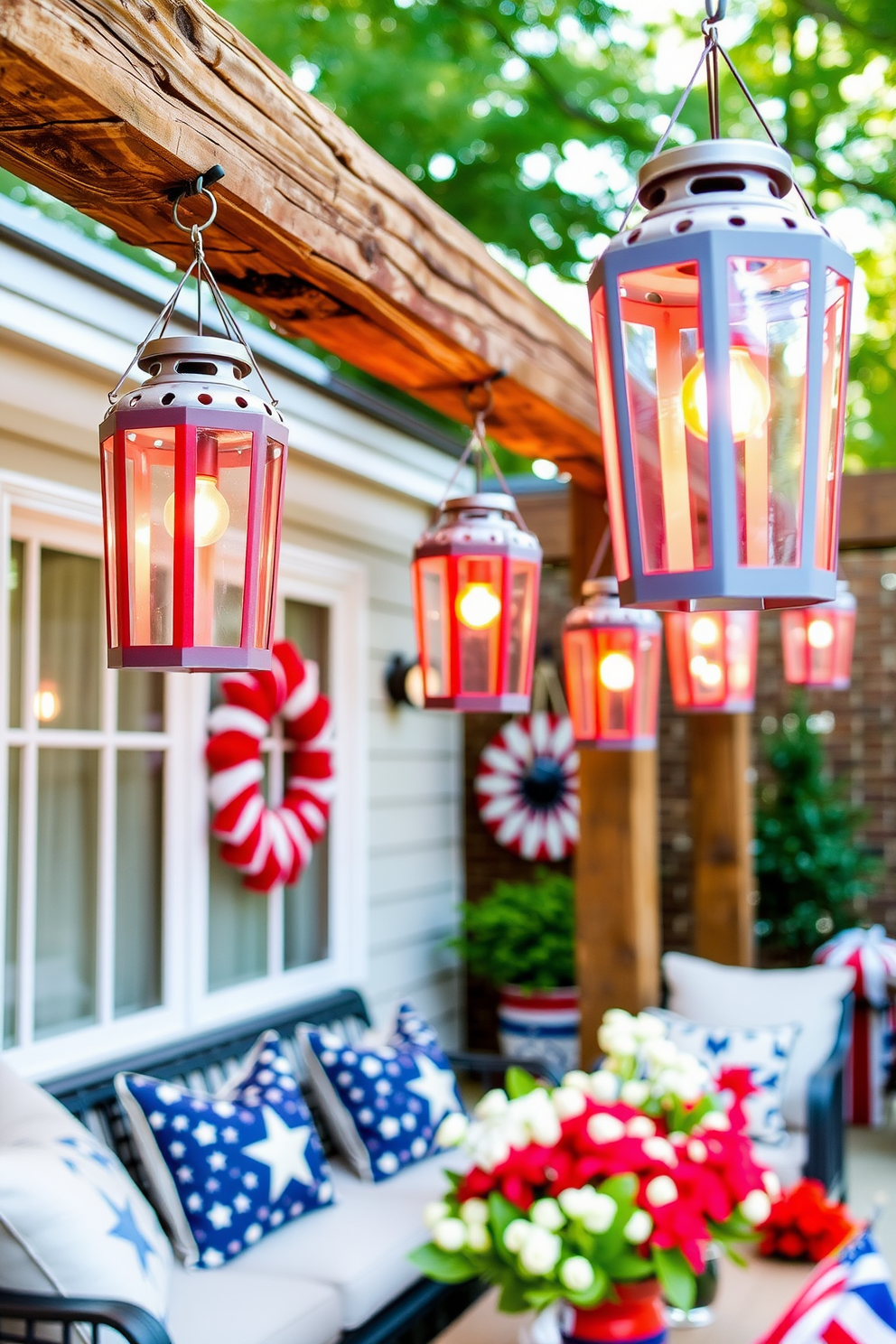 Create a festive outdoor space adorned with charming lanterns in red, white, and blue hues. These lanterns should hang from a rustic wooden beam, casting a warm glow over a cozy seating area filled with comfortable cushions and patriotic-themed decor.