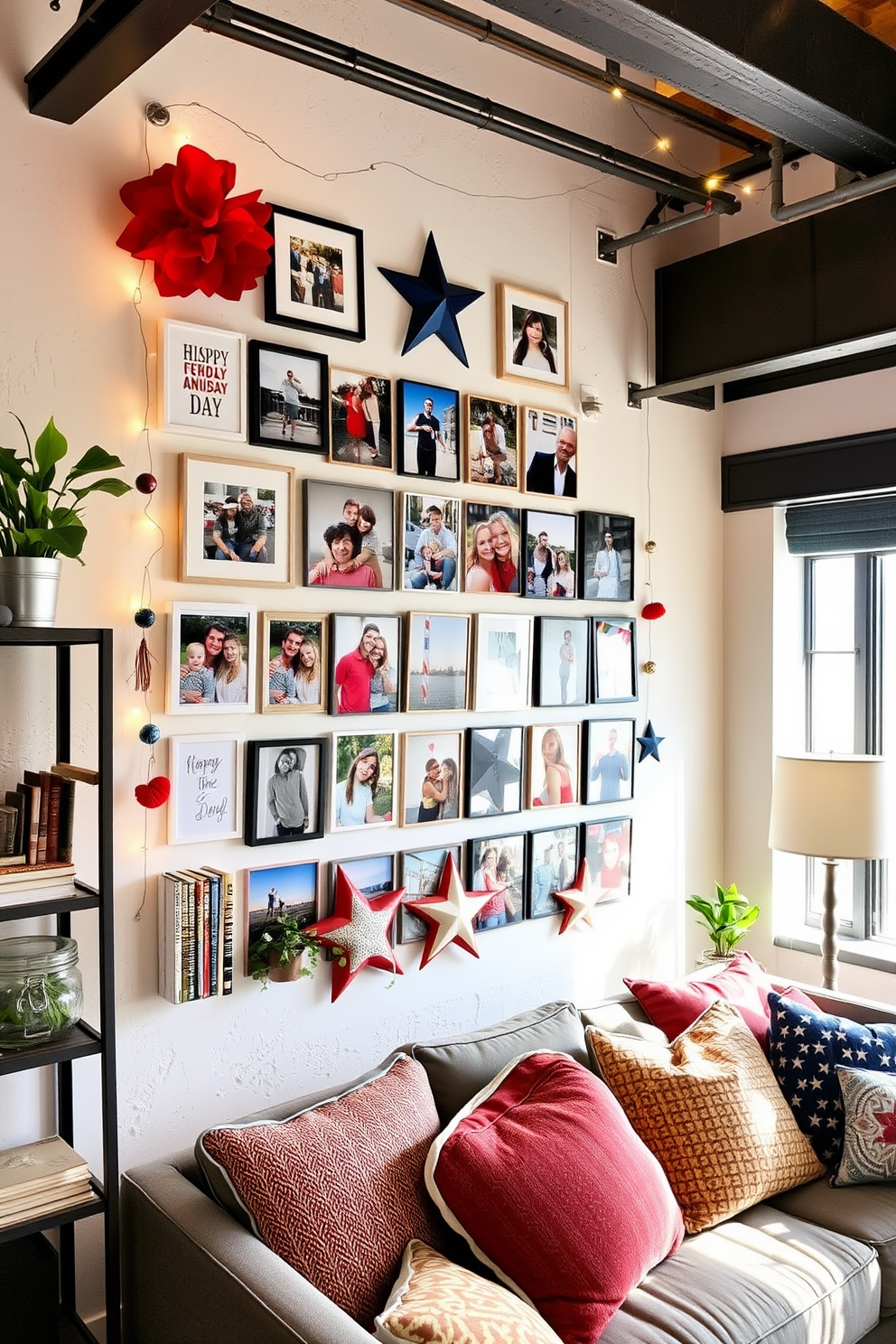 A creative photo wall showcasing holiday memories from Independence Day is designed with a mix of framed photographs and decorative elements. The arrangement features red white and blue accents with string lights and star-shaped ornaments to enhance the festive atmosphere. The loft space is decorated with a blend of modern and rustic elements to create a warm inviting environment. Industrial-style shelves hold plants and books while a cozy seating area with colorful cushions invites relaxation and conversation.