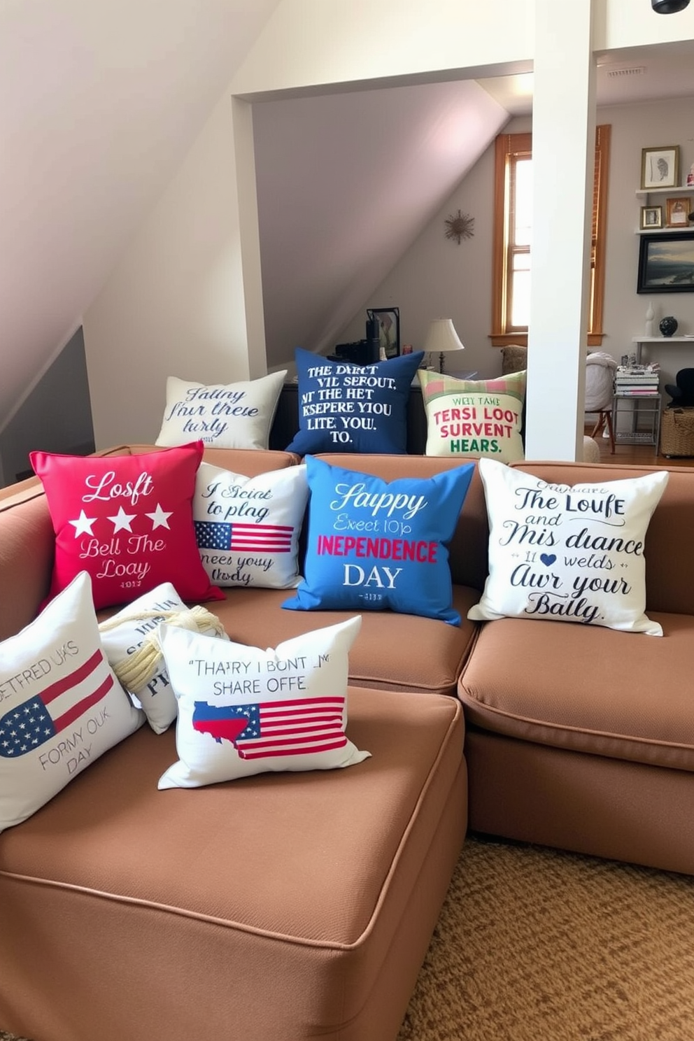 A cozy loft space adorned with decorative pillows featuring patriotic quotes celebrating Independence Day. The pillows come in various colors, including red, white, and blue, and are arranged on a plush sectional sofa, creating a warm and inviting atmosphere.