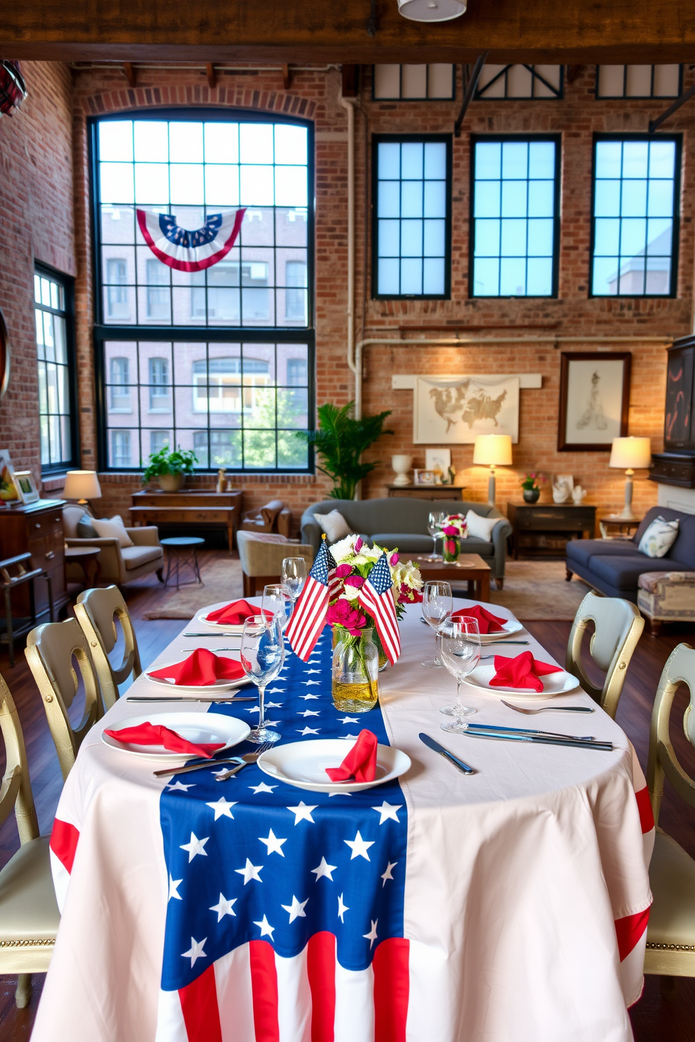 A festive dining table adorned with a stars and stripes tablecloth celebrating Independence Day. The table is set with elegant white dinnerware, red and blue napkins, and decorative centerpieces featuring small American flags and fresh flowers. The loft features exposed brick walls and large windows allowing natural light to flood the space. Cozy seating arrangements with vintage-style furniture create a welcoming atmosphere, complemented by patriotic-themed wall art and soft lighting.