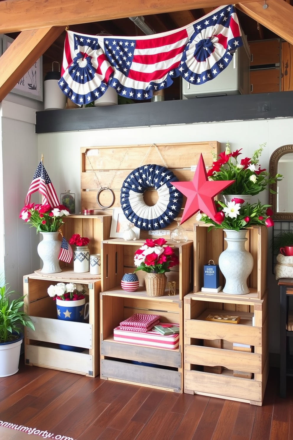 Create a cozy loft space decorated for Independence Day. Incorporate rustic wooden crates as display units filled with red white and blue decorations and seasonal flowers.