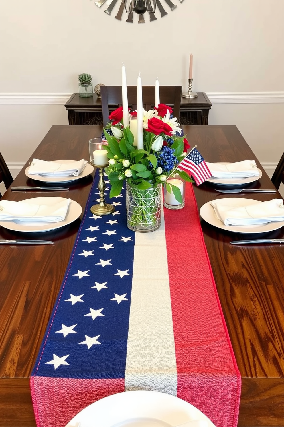 A festive table setting featuring a stars and stripes table runner as the centerpiece. The table is adorned with red white and blue accents including candles and small flags to celebrate Independence Day.