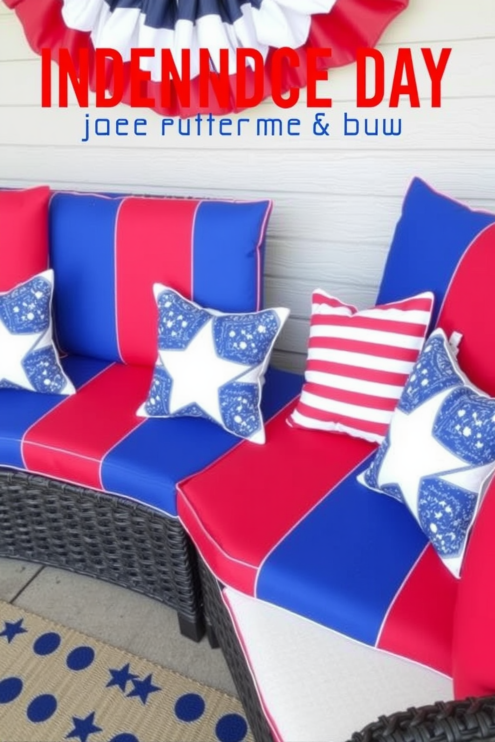 Cushioned seating adorned with vibrant red white and blue festive fabric creates a welcoming atmosphere for Independence Day celebrations. The seating arrangement is complemented by decorative pillows featuring stars and stripes enhancing the patriotic theme.