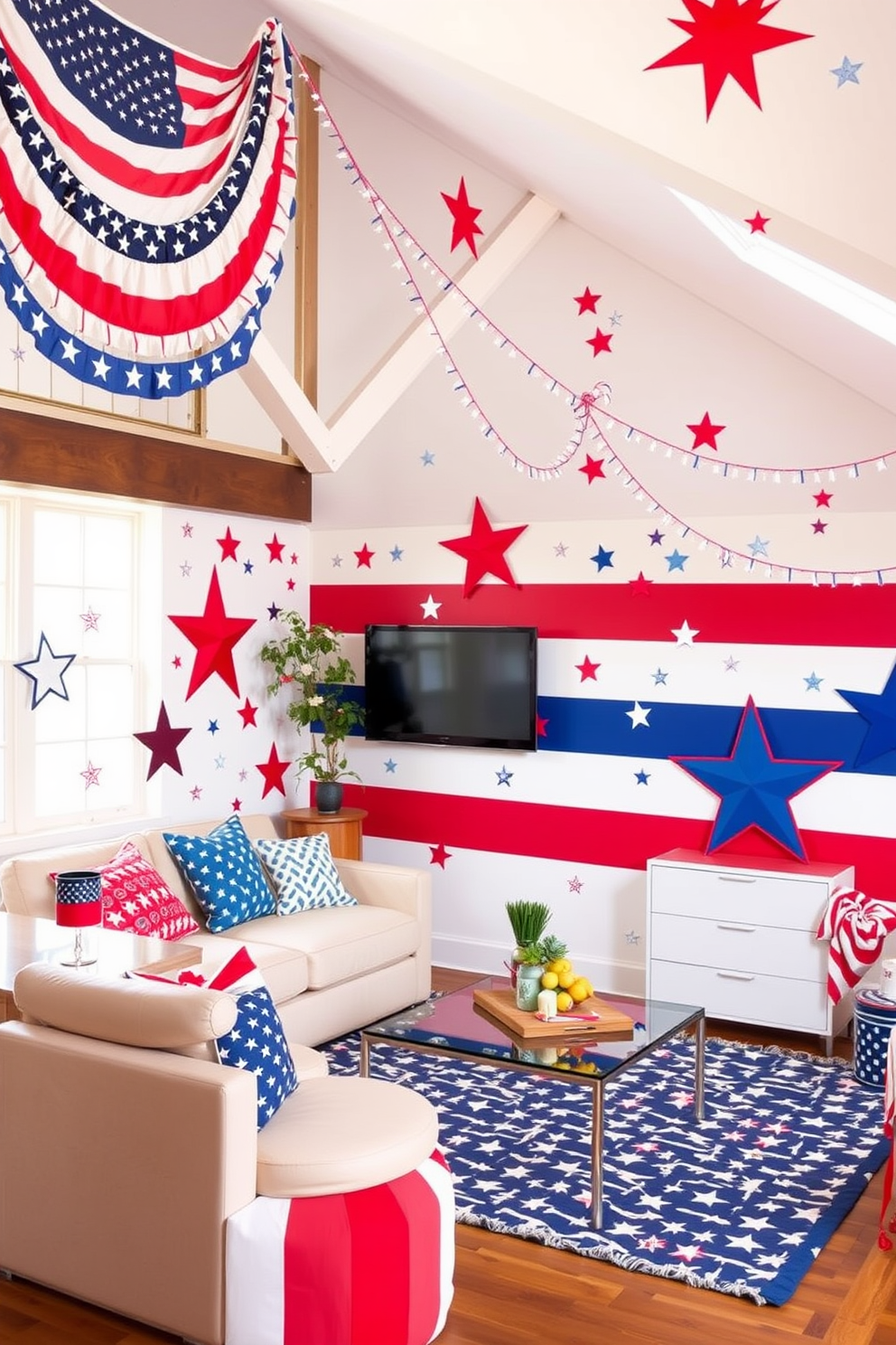 Create a vibrant loft space decorated with patriotic-themed wall decals for Independence Day. The walls are adorned with stars and stripes in bold red white and blue colors creating a festive atmosphere.