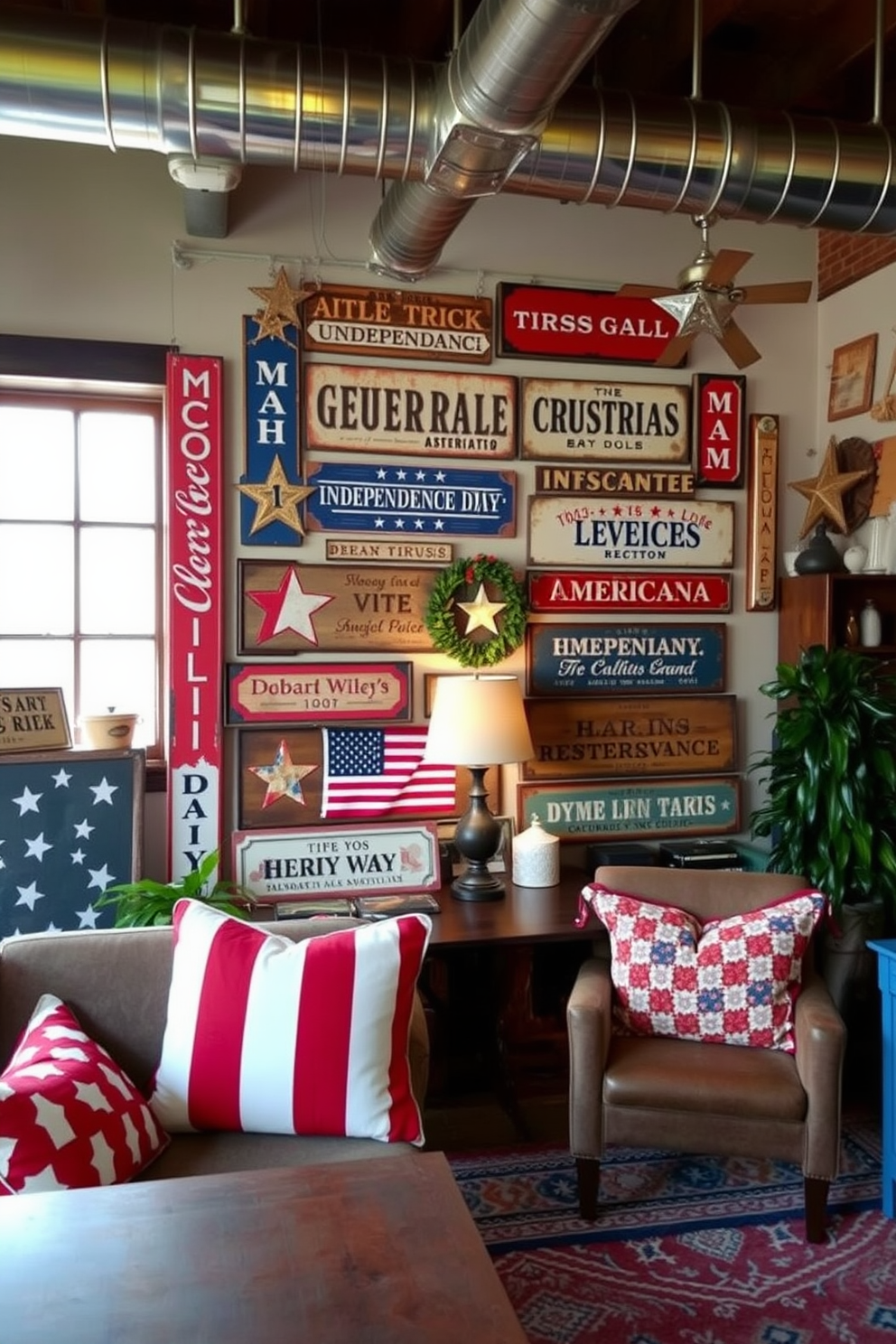 A cozy loft space featuring Americana-inspired decorative signs celebrating Independence Day. The walls are adorned with vintage-style signs in red white and blue colors creating a festive atmosphere.