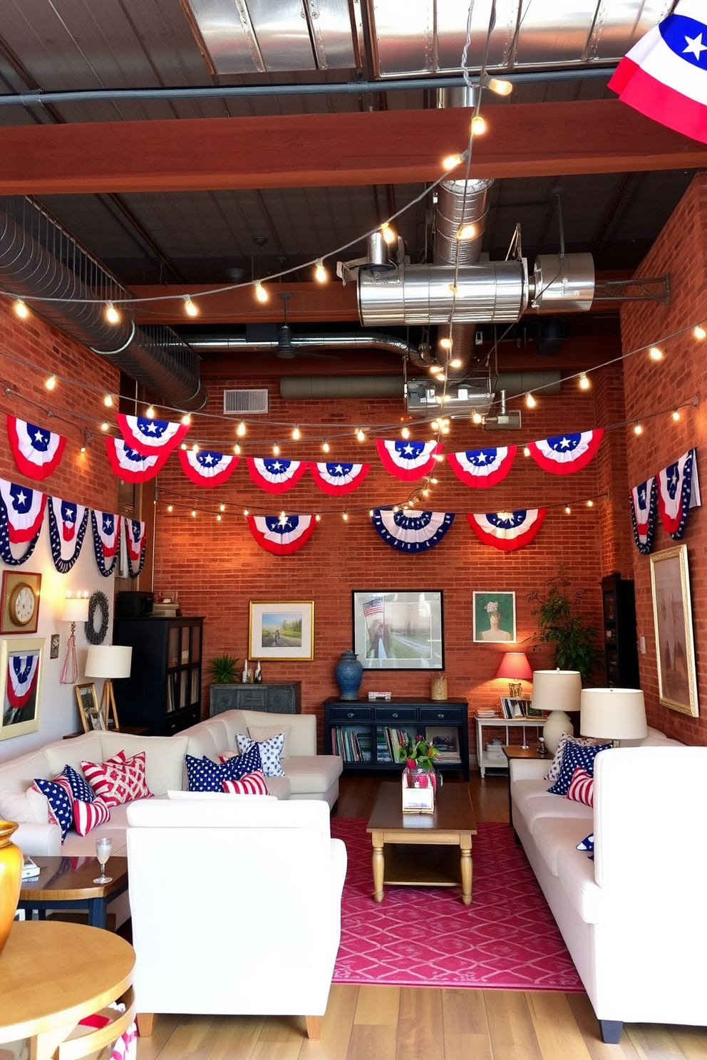 A vibrant loft space adorned with festive bunting celebrating Independence Day. The bunting features red white and blue colors creating a cheerful atmosphere throughout the room. The walls are decorated with patriotic artwork and the furniture is arranged to encourage social gatherings. String lights are draped along the ceiling adding a warm glow to the festive decor.