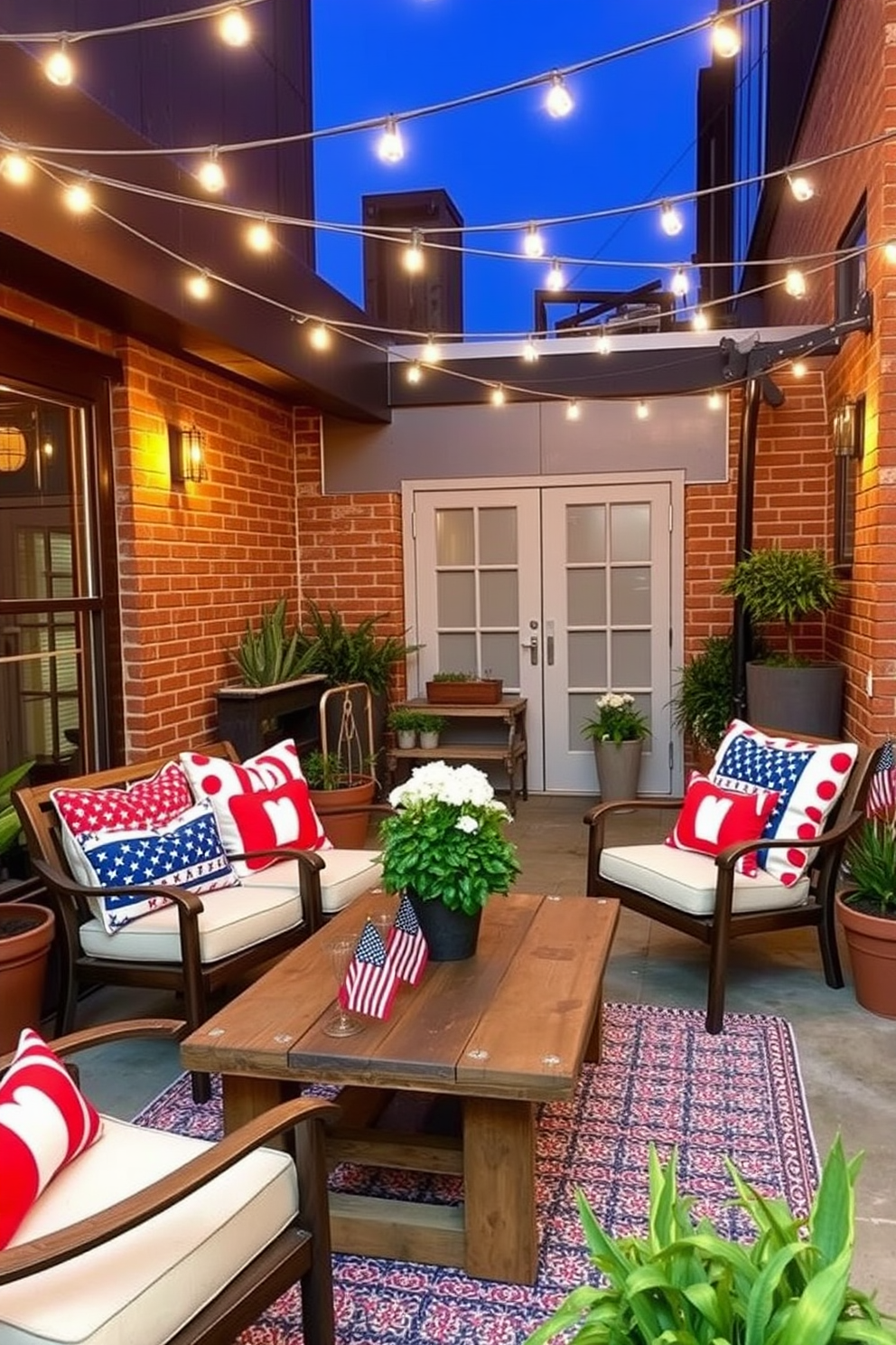 Outdoor seating area with comfortable chairs and a rustic wooden table. The cushions feature vibrant red white and blue patterns celebrating Independence Day. String lights are hung overhead creating a festive atmosphere in the evening. Potted plants and small American flags add a touch of patriotism to the loft decor.