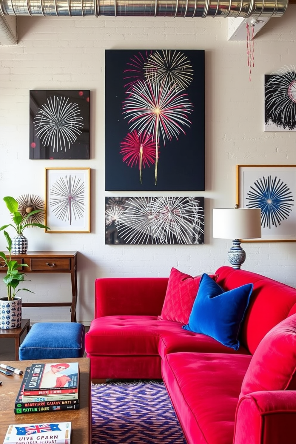 Create a vibrant loft space that celebrates Independence Day with fireworks-themed artwork adorning the walls. Incorporate a mix of bold colors and textures, such as a plush red sofa and blue accent pillows, to enhance the festive atmosphere.