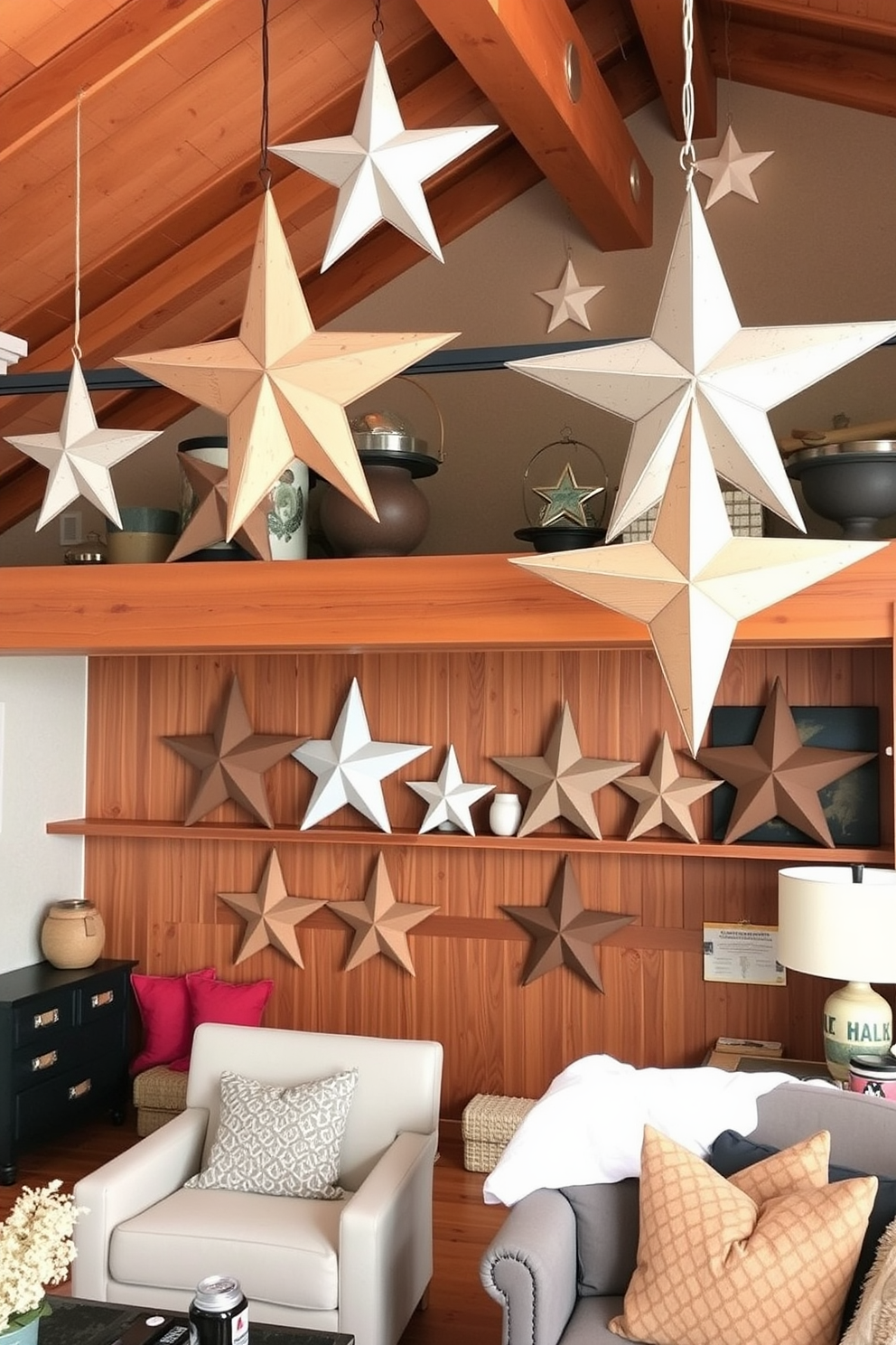 Create a cozy loft space adorned with rustic wooden stars as decor for Independence Day. The stars are hung from the ceiling and placed on shelves, complementing the warm wooden beams and neutral-toned furnishings.