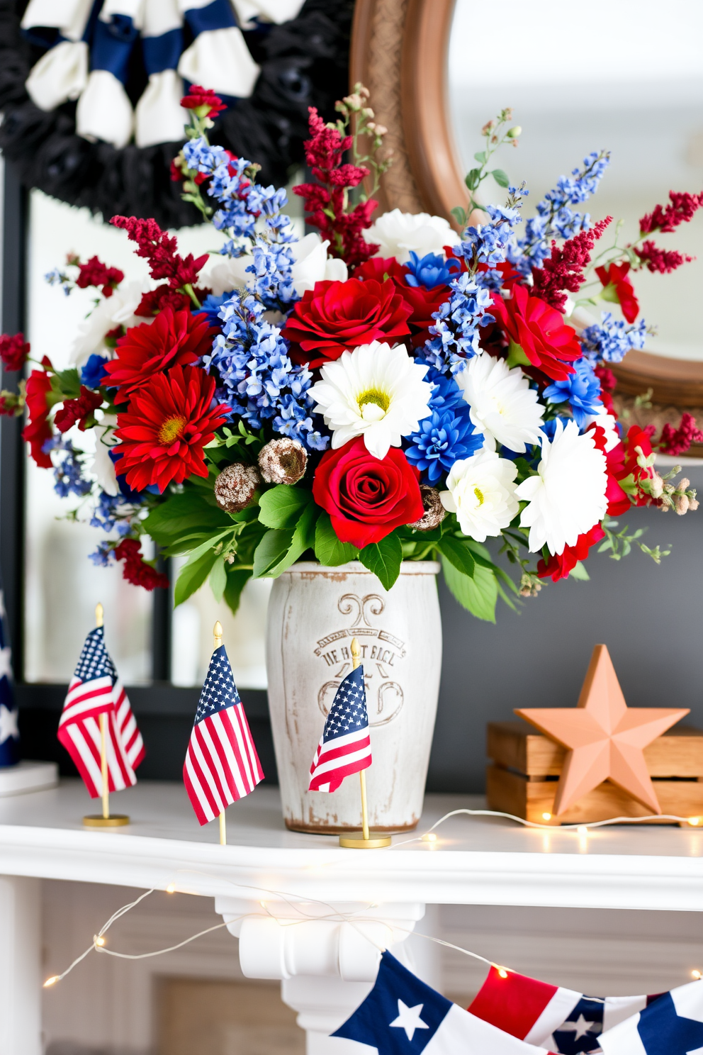 A festive mantel adorned with red white and blue floral arrangements celebrates Independence Day. The vibrant blooms are artfully arranged in a rustic vase, complemented by small American flags and twinkling fairy lights.