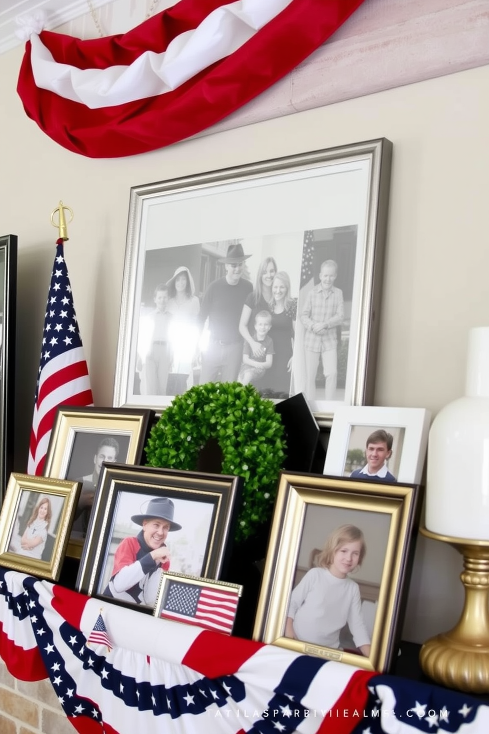 Create a festive mantel display that celebrates Independence Day. Incorporate framed family photos arranged against a backdrop of red white and blue flags.